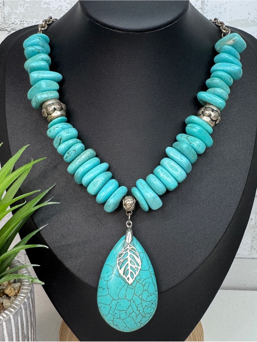 Handmade Southwestern Turquoise Dyed Howlite Leaf Pendant Statement Necklace